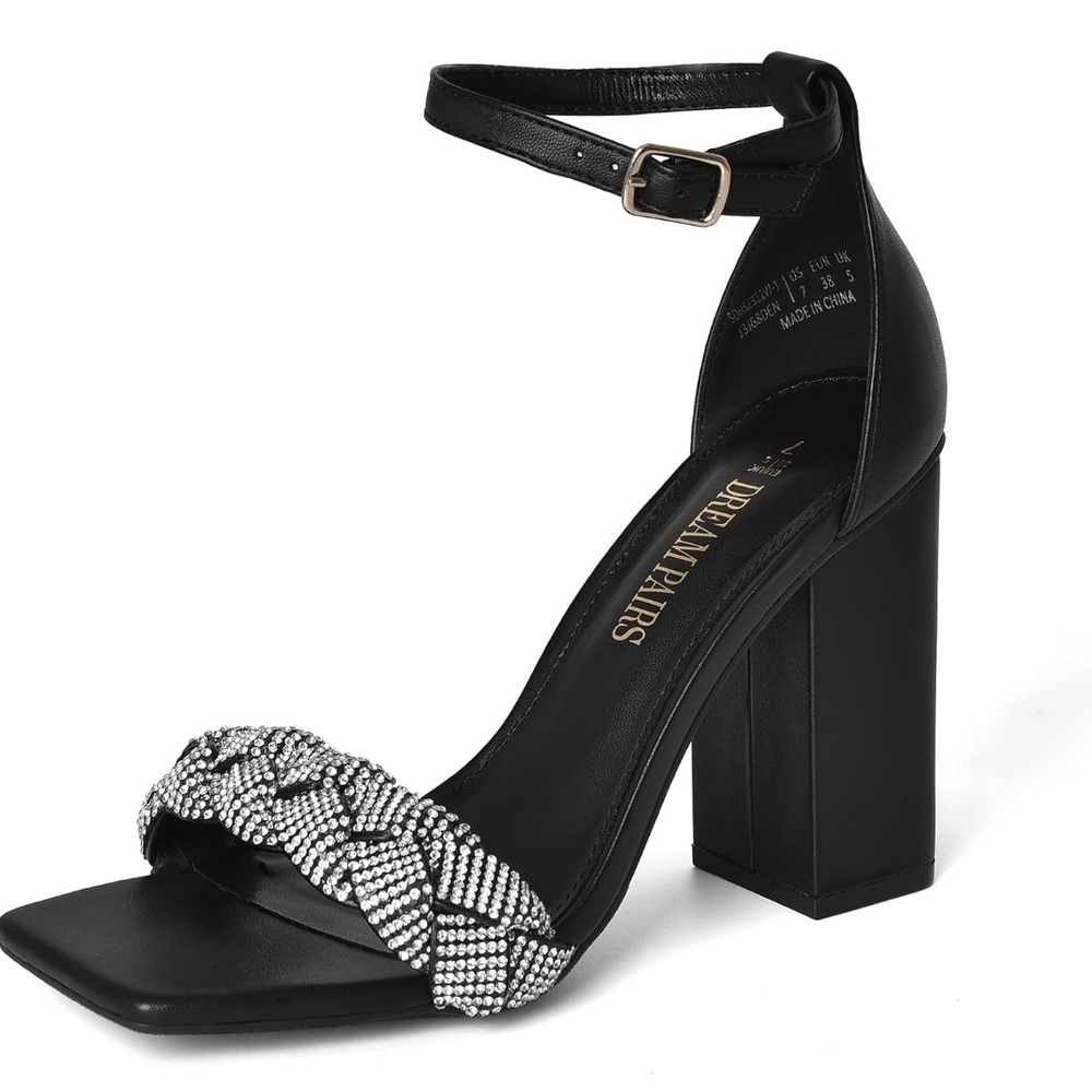 Elegant Black Heeled Sandals with Rhinestone Detailing